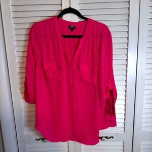 TORRID Harper Pink V Neck Roll Tab Sleeve Pocket Tunic Shirt Women's SZ 1
